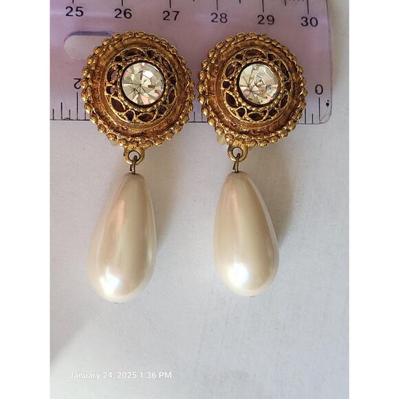 Pearl Diamond Gold Earrings Vintage Signed Designer Maxine Denker Clip-On - Picture 2 of 9